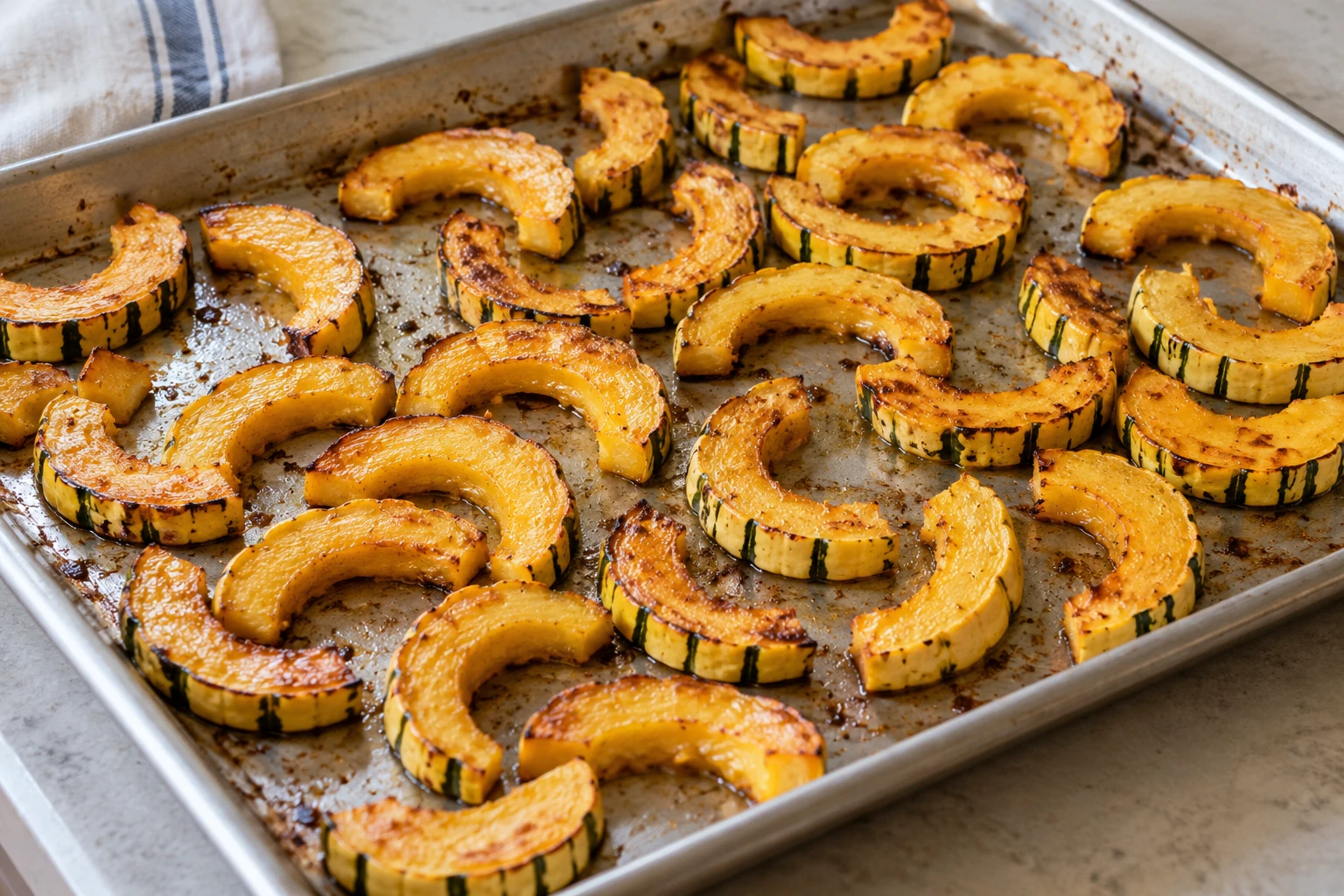 Delicata squash half-moons roast on a sheet pan with their thin skin left on.