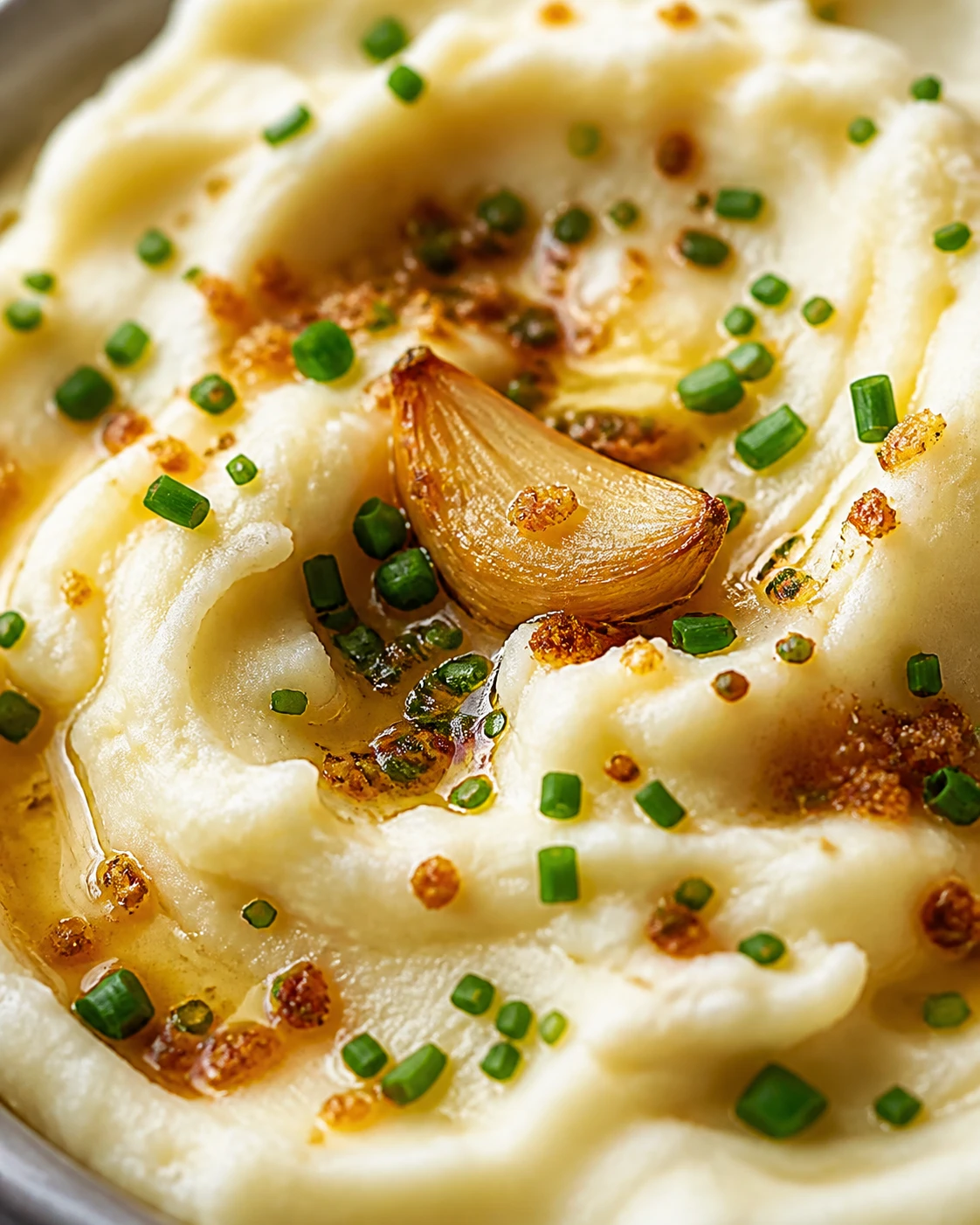 Amber browned butter, herbs, and roasted garlic glisten in the soft peaks of creamy mashed potatoes.