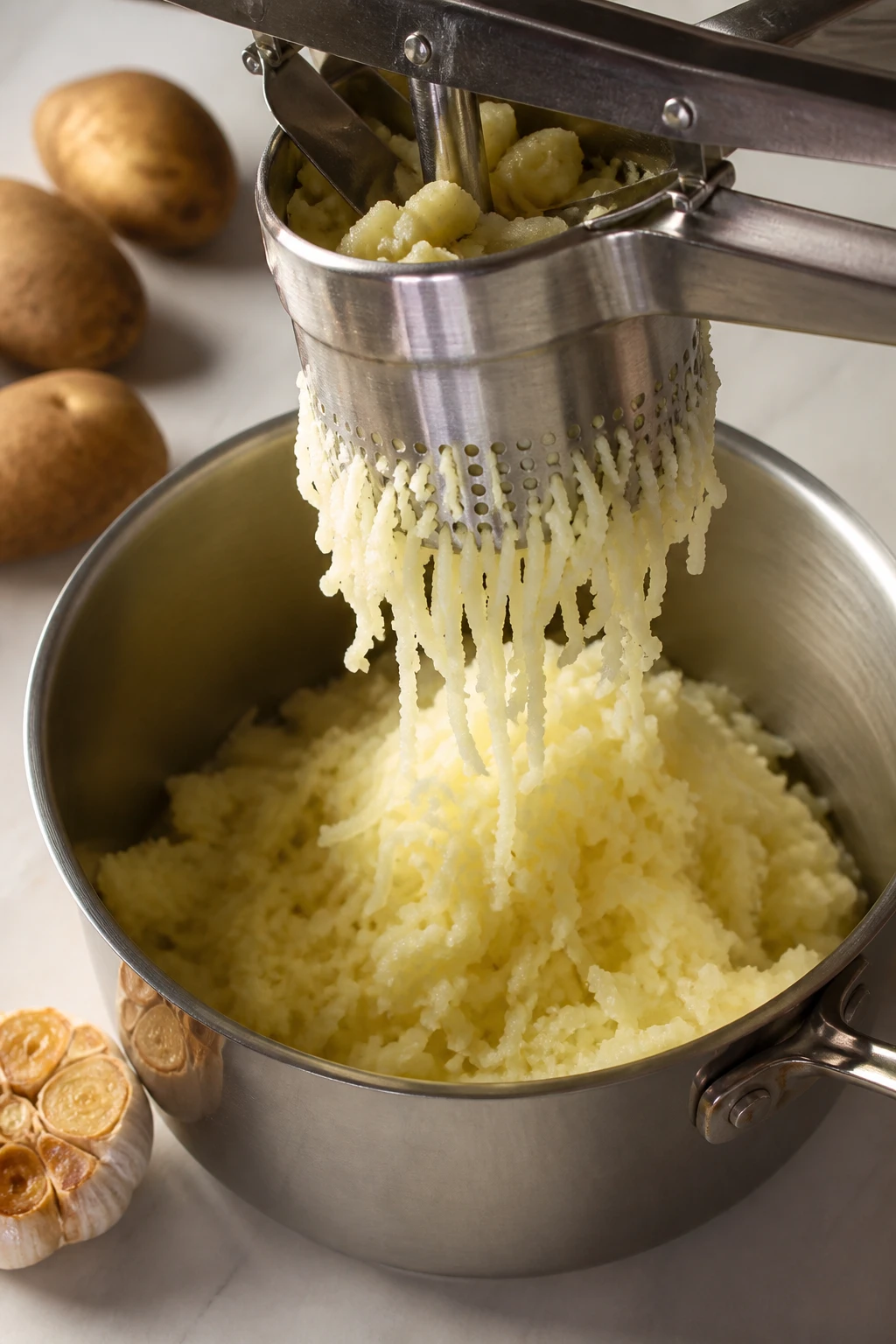 A potato ricer presses hot potatoes and roasted garlic into fine fluffy strands over a warm pot.