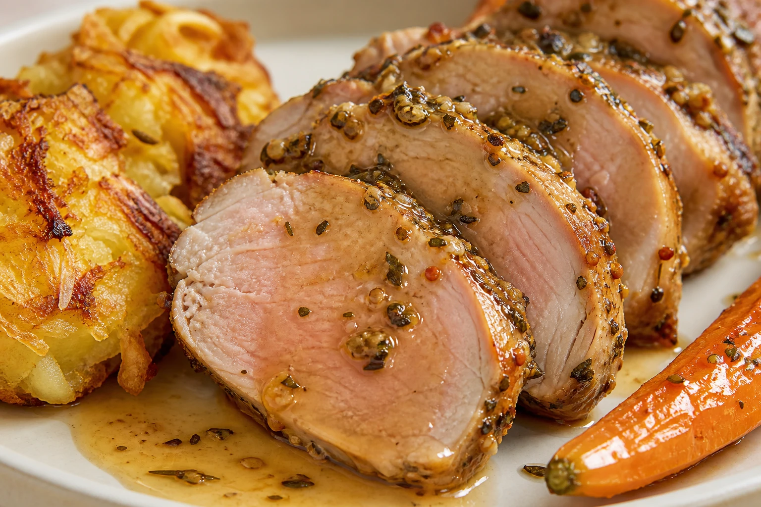 Juicy herb-crusted pork slices sit with crisp potato edges, glazed carrots, and glossy cider Dijon sauce.