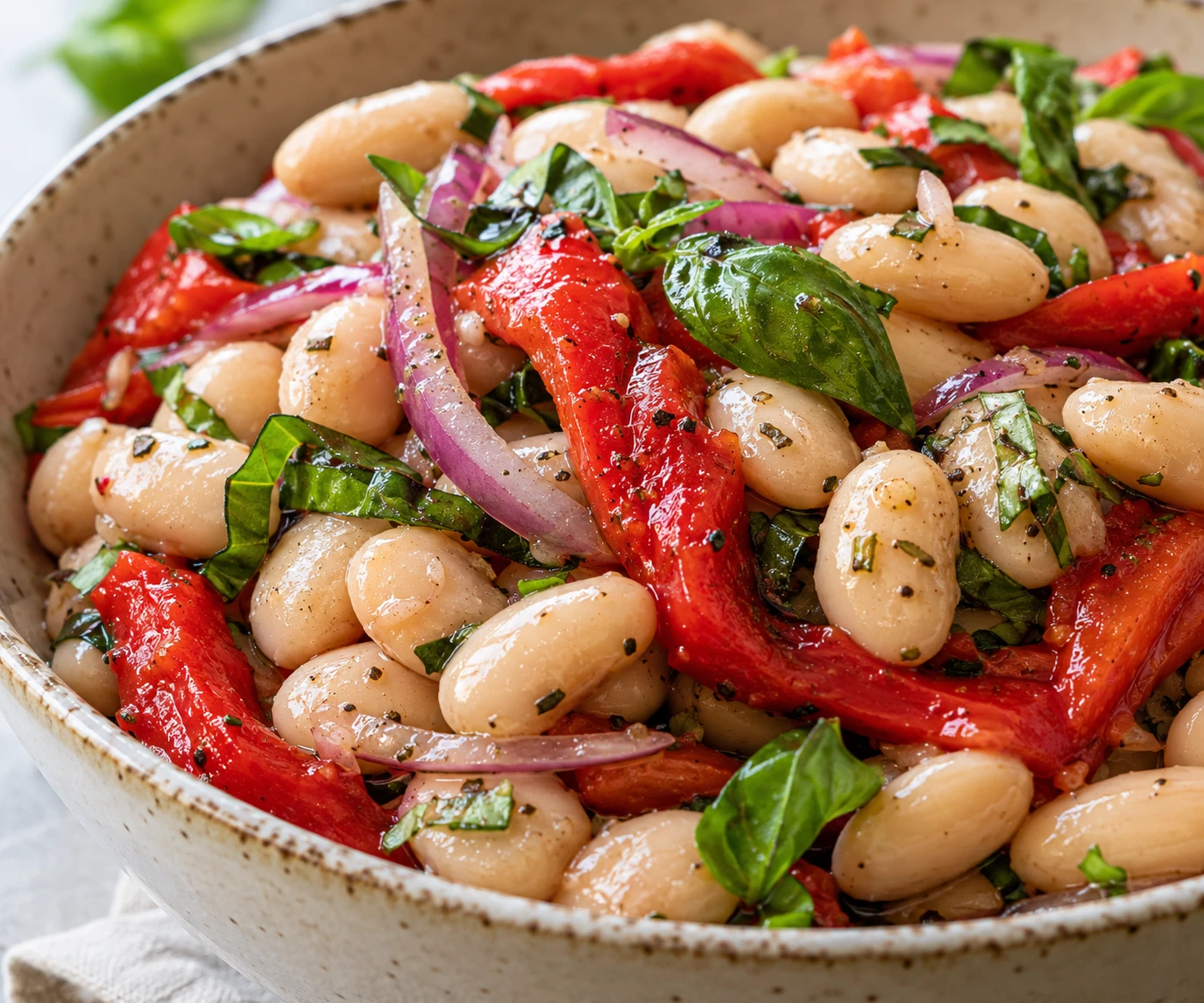 Glossy cannellini beans, tender roasted red peppers, fine onion, and basil show the salad's texture.