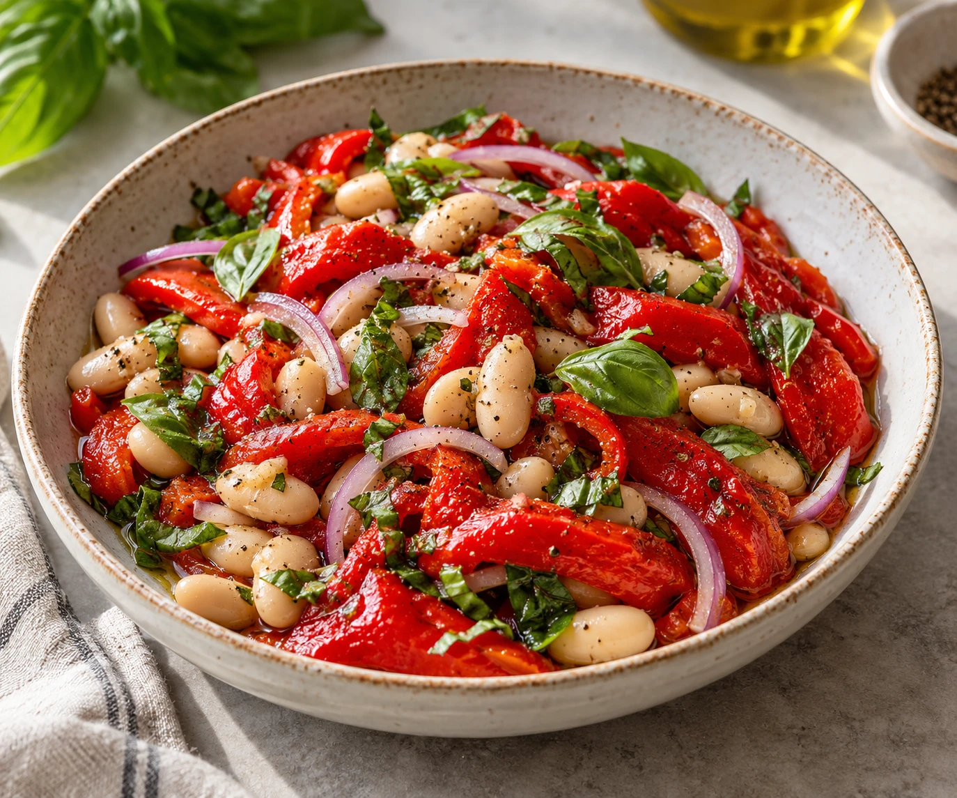Cannellini beans and glossy roasted red pepper strips are topped with fresh torn basil in a shallow bowl.