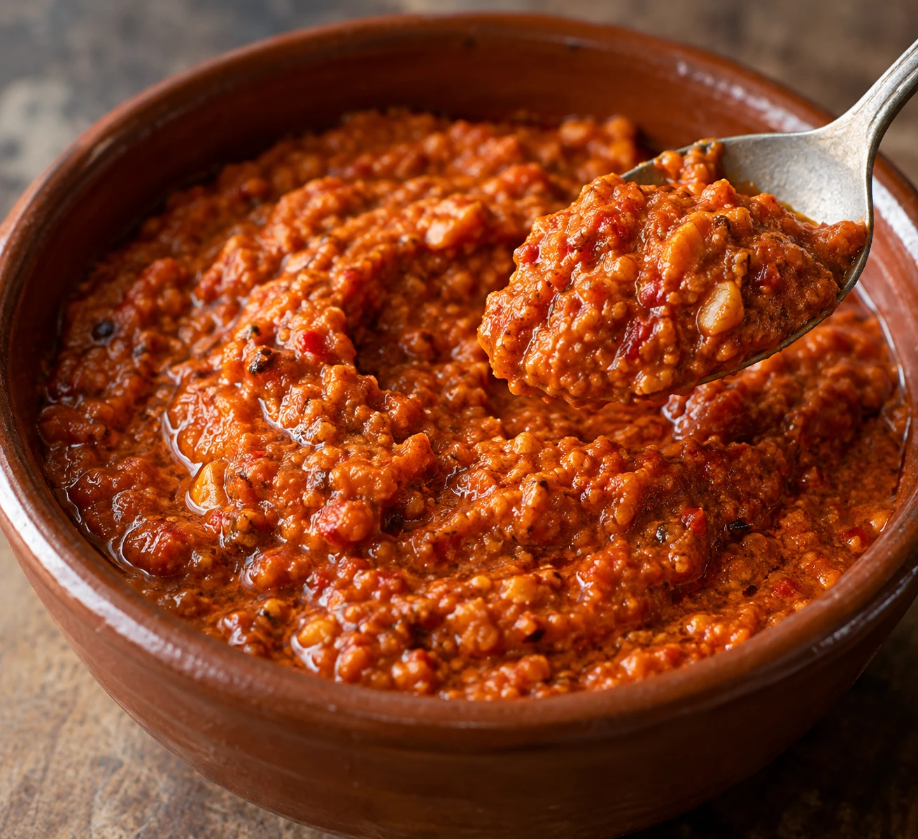 A close view shows romesco's brick-red color, coarse almond texture, and modest olive oil sheen.