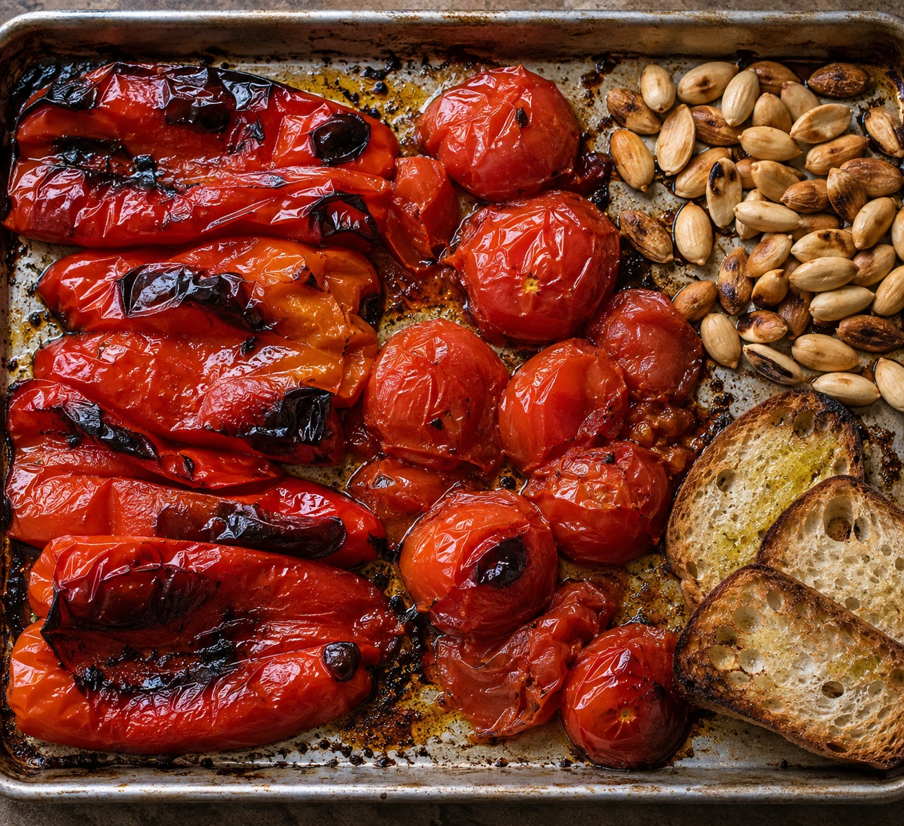 Blistered red peppers and softened tomatoes sit beside toasted almonds and crisp bread before blending.