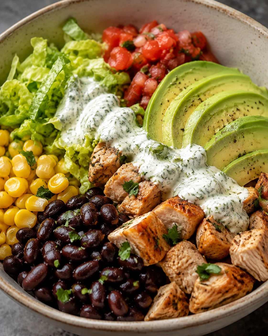 A close burrito bowl shows avocado, lettuce, salsa, chicken, black beans, corn, and yogurt sauce.