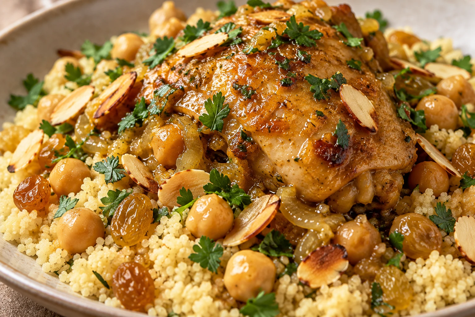 Toasted almonds and fresh herbs garnish tender chicken over couscous with chickpeas and raisins.