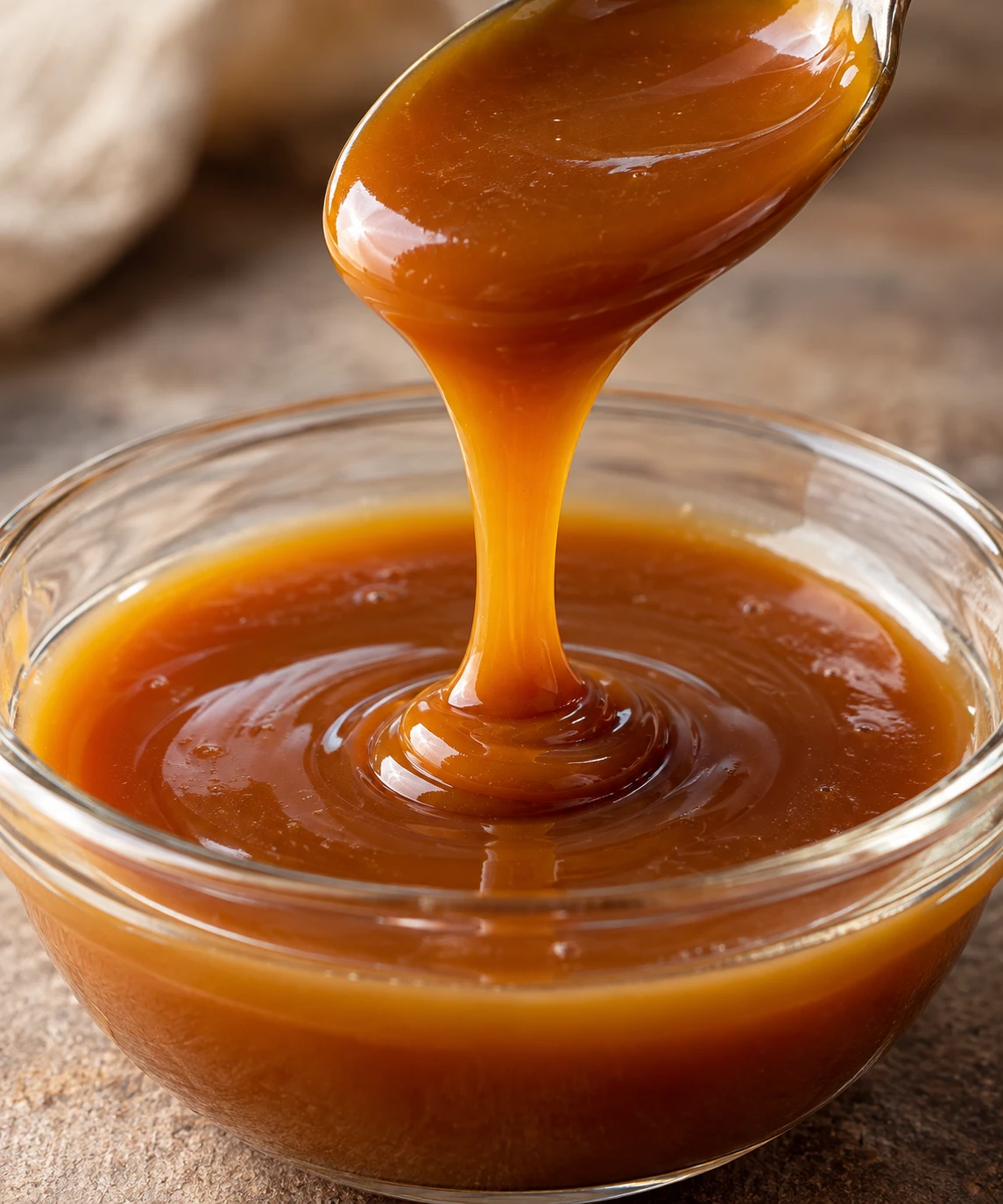 Smooth salted caramel sauce falls in a glossy ribbon from a spoon into a glass bowl.