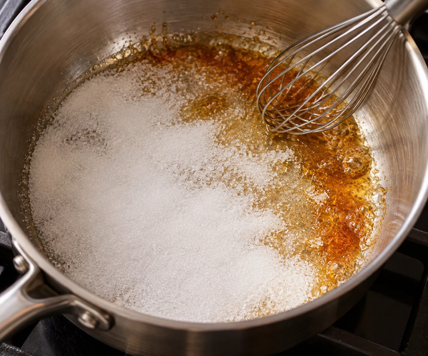 Clear amber patches form at the edges of sugar melting in a heavy dry saucepan.