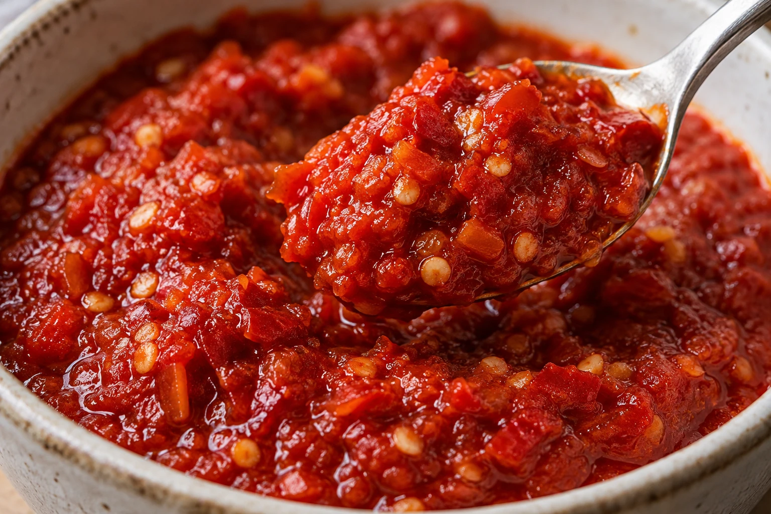 A spoon lifts thick bright red sambal oelek with small chile pieces still visible.