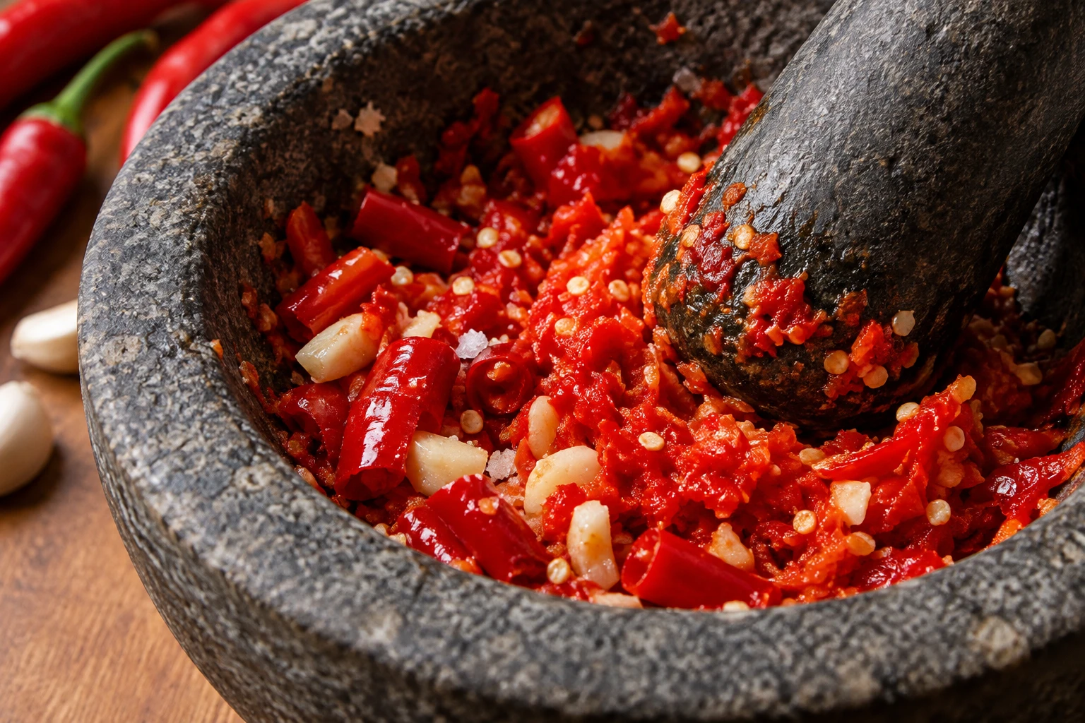 Chopped red chiles, garlic, and salt are being crushed into a coarse paste in a stone mortar.