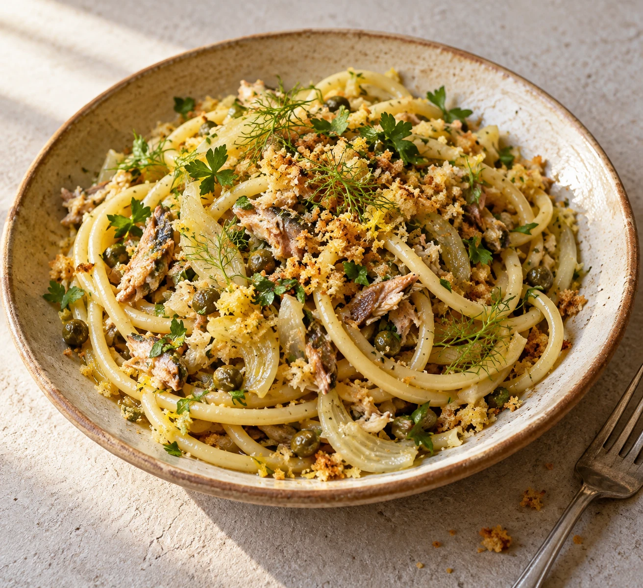 Bucatini is coated with fennel and sardine flakes beneath crisp lemon breadcrumbs and fresh herbs.