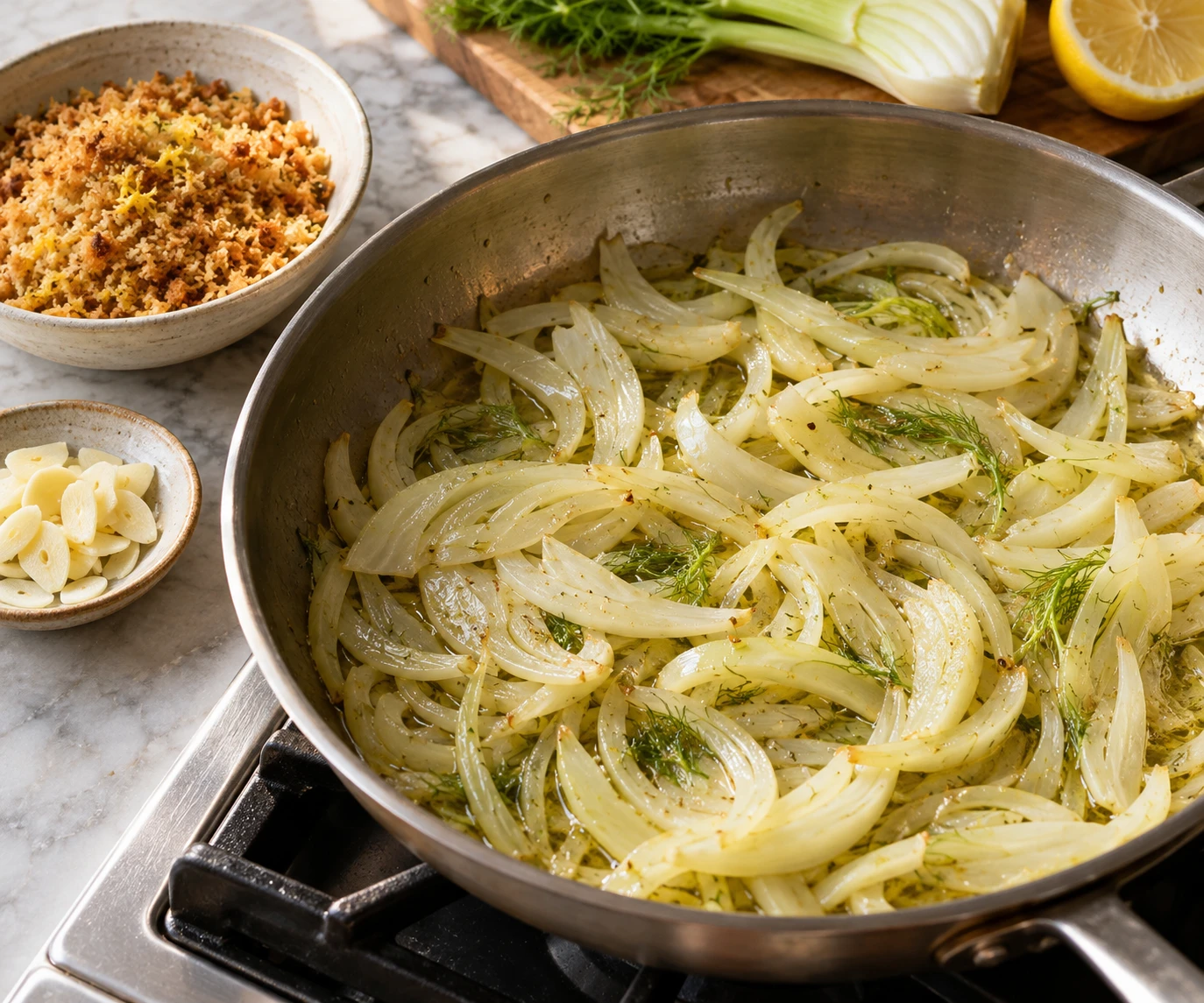 Fennel softens in olive oil in a skillet while toasted breadcrumbs wait in a small bowl.