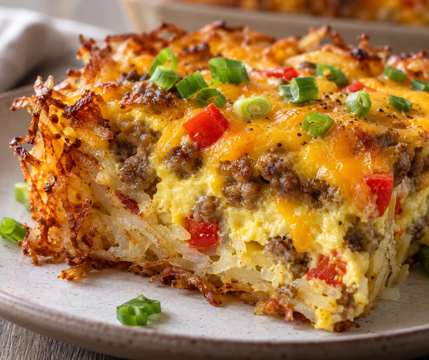 A cut casserole portion reveals crisp shredded potato edges, tender egg, browned sausage, red pepper, cheddar, and scallions.