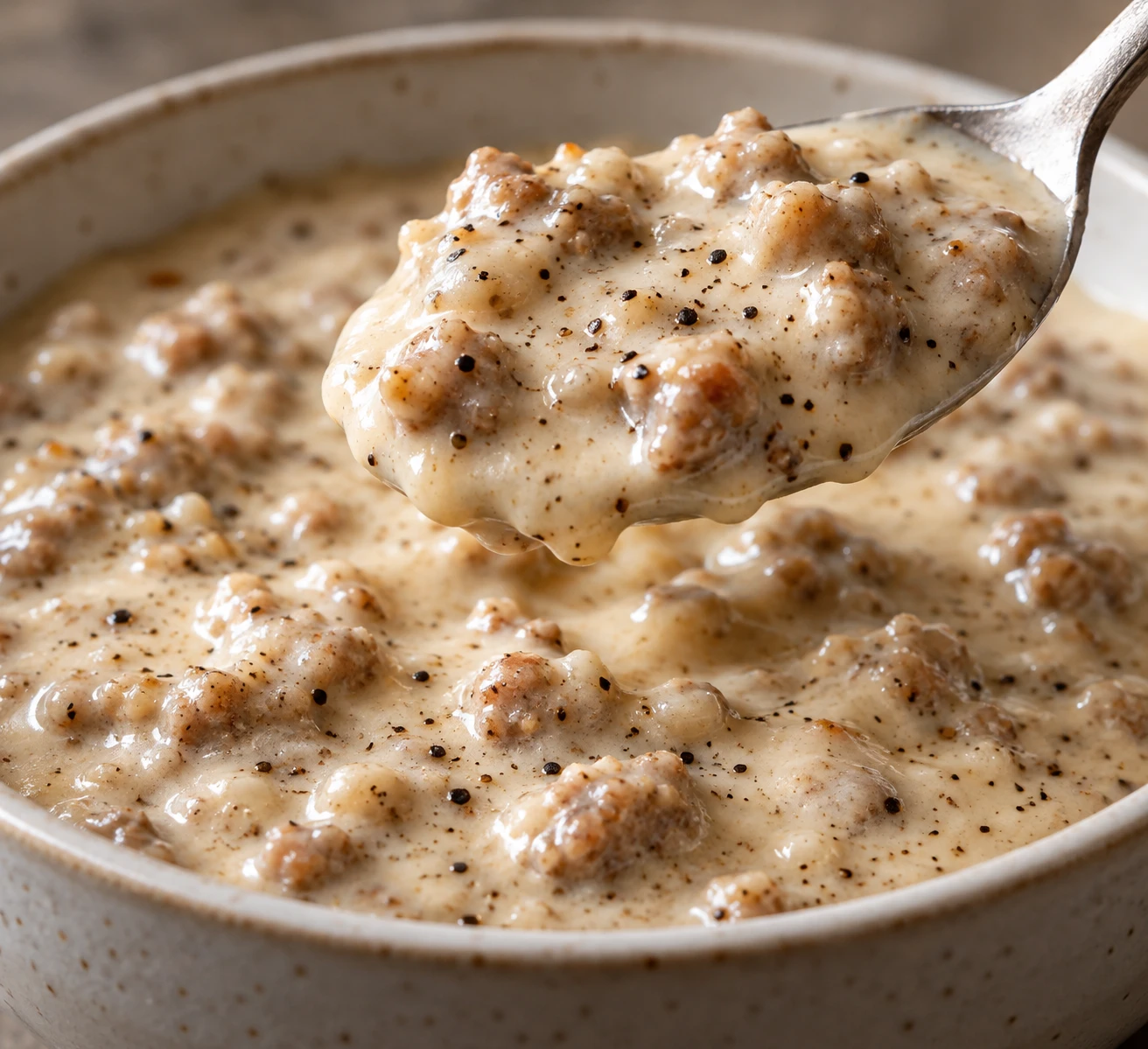 Black pepper flecks and browned sausage pieces show in the smooth, spoonable gravy.