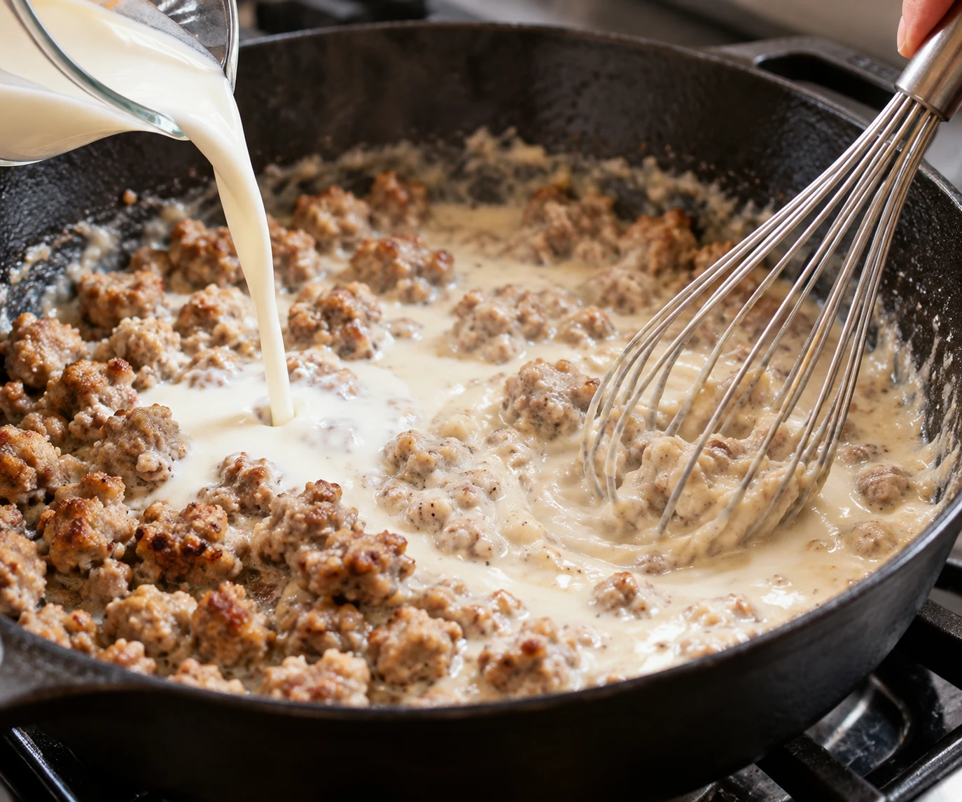 A whisk blends milk into a pale flour roux coating browned sausage in a skillet.