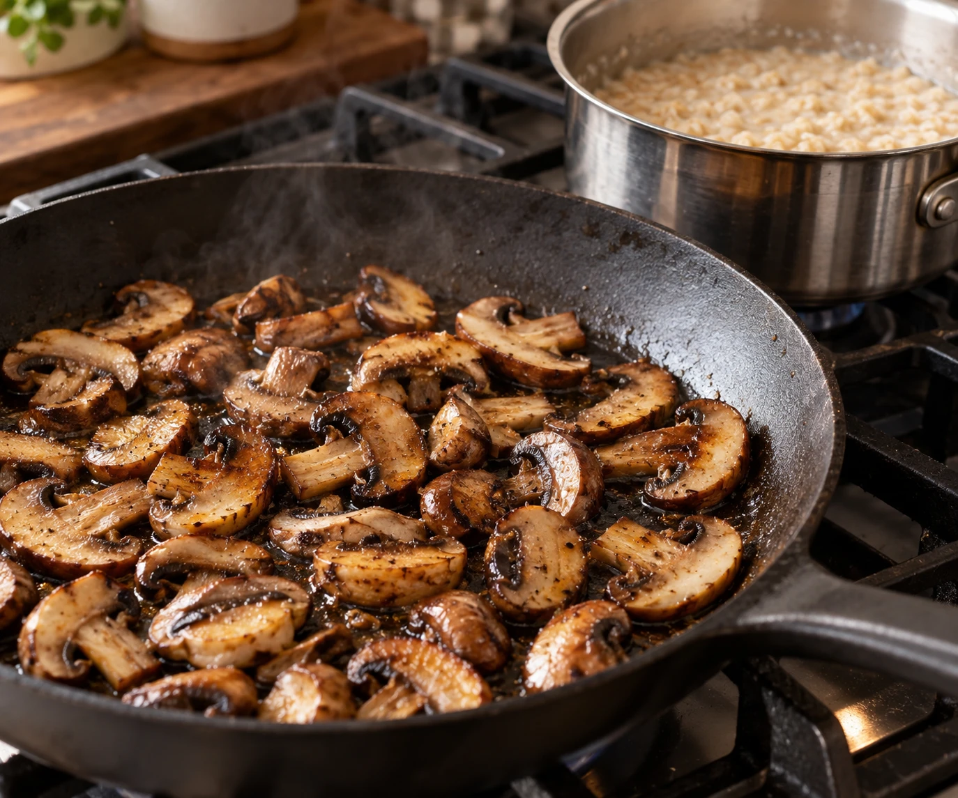 Cremini mushrooms brown in a skillet beside a saucepan of simmering oats.