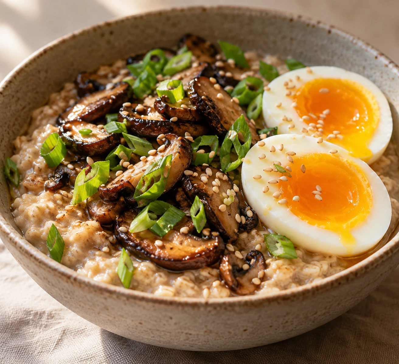 Soft golden egg yolk, glossy browned mushrooms, scallion greens, and sesame seeds sit over creamy miso oats.