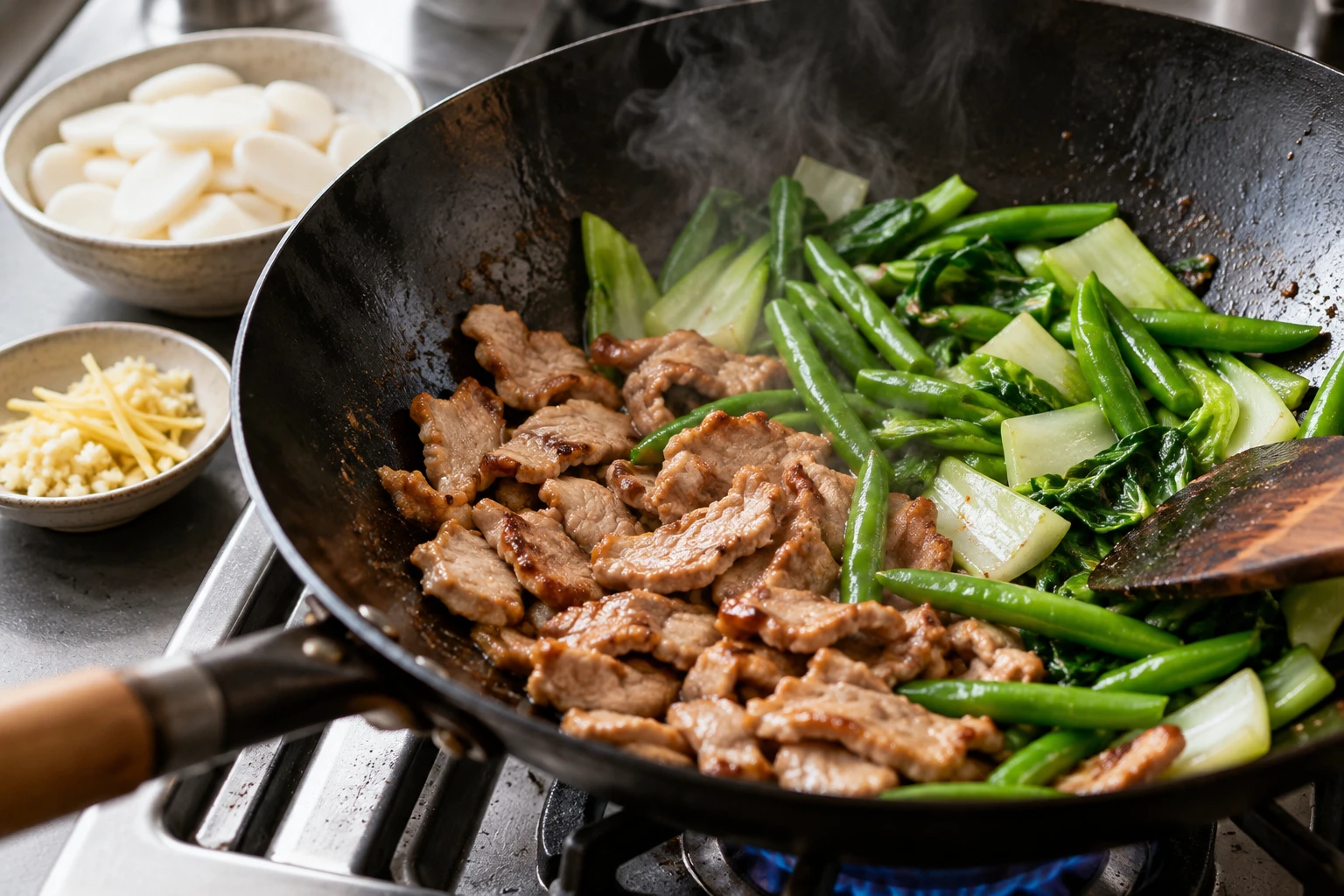 Thin pork slices and vegetables cook in a hot wok before rice cakes and glaze are added.