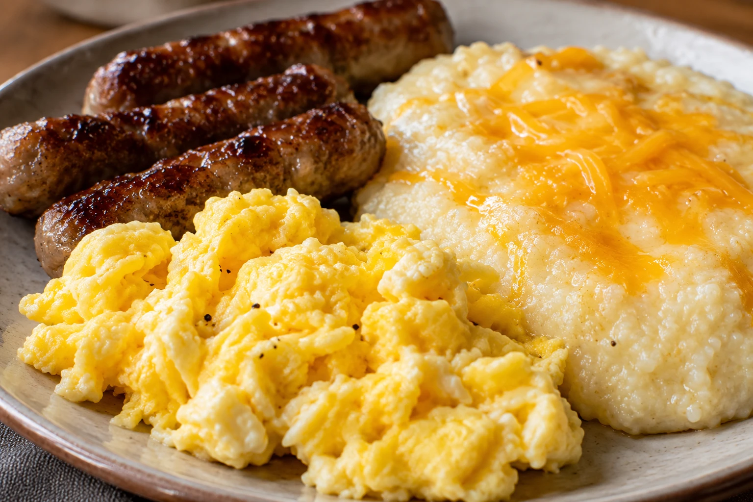 Glossy scrambled eggs and browned sausage rest over creamy buttered grits.