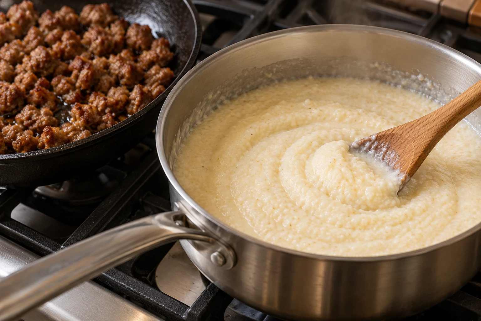 Stone-ground grits simmer smoothly in a saucepan beside browned sausage in a skillet.