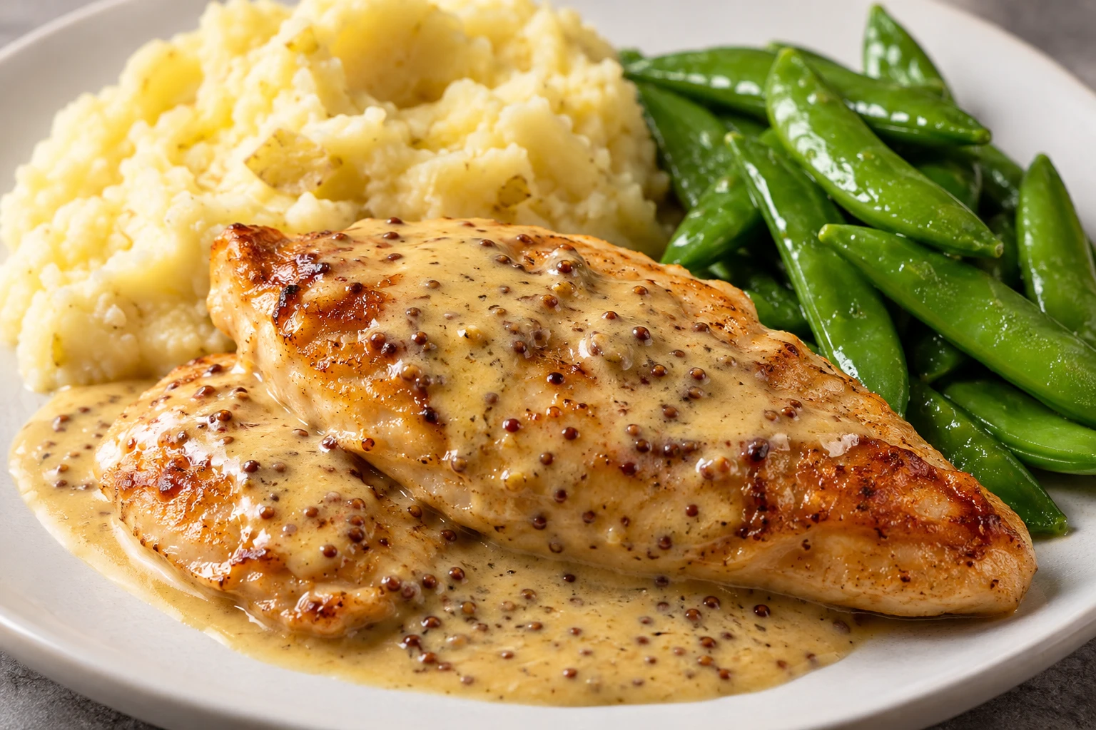 Glossy mustard sauce, browned chicken, fluffy potatoes, and vivid snap peas show contrasting textures.