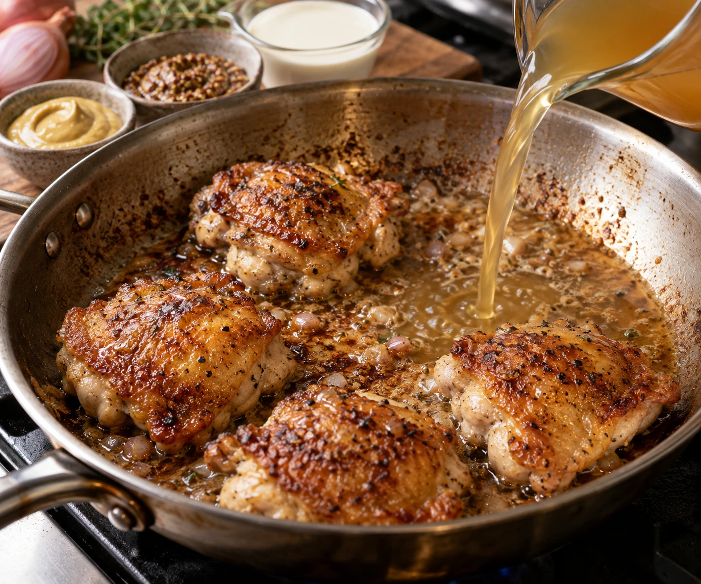Chicken browns in a skillet before browned bits are used for a mustard cream pan sauce.