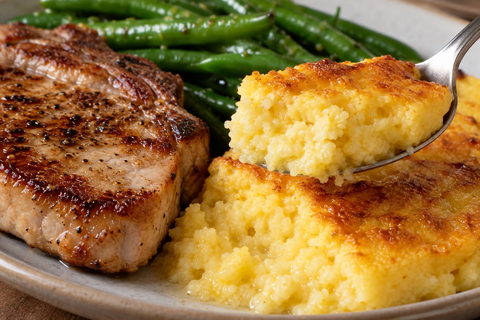 The spoonbread has a lightly browned top and tender center beside pork and green beans.