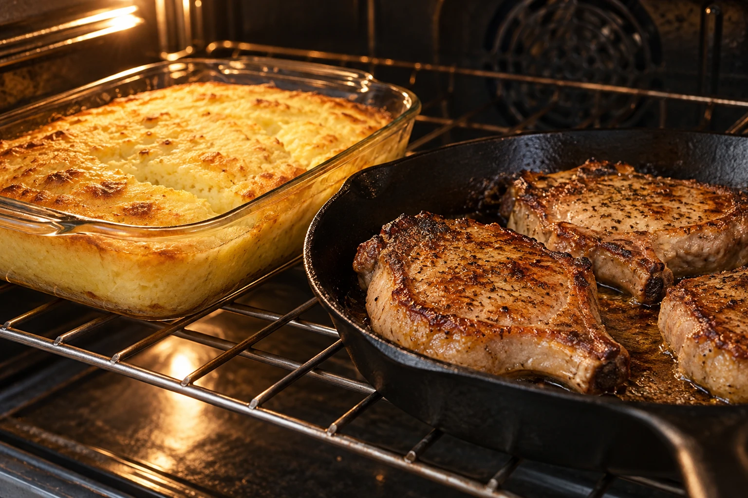 Spoonbread bakes as seared pork chops finish gently in an oven-safe skillet.