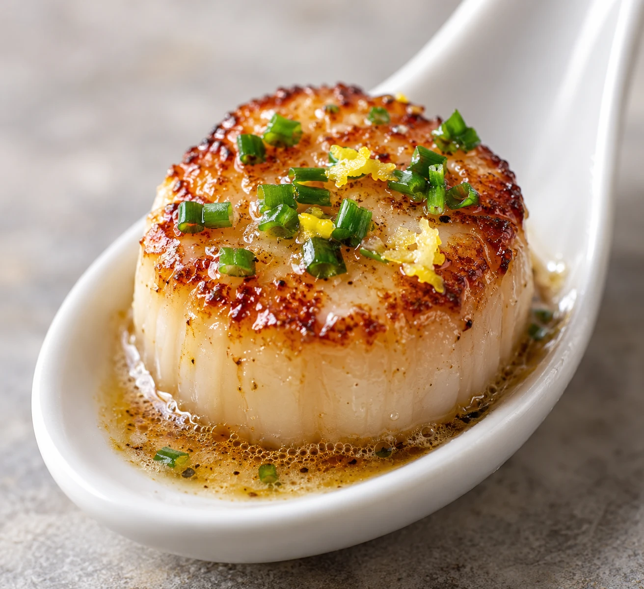 A golden scallop on a tasting spoon glistens with lemon brown butter and finely chopped chives.