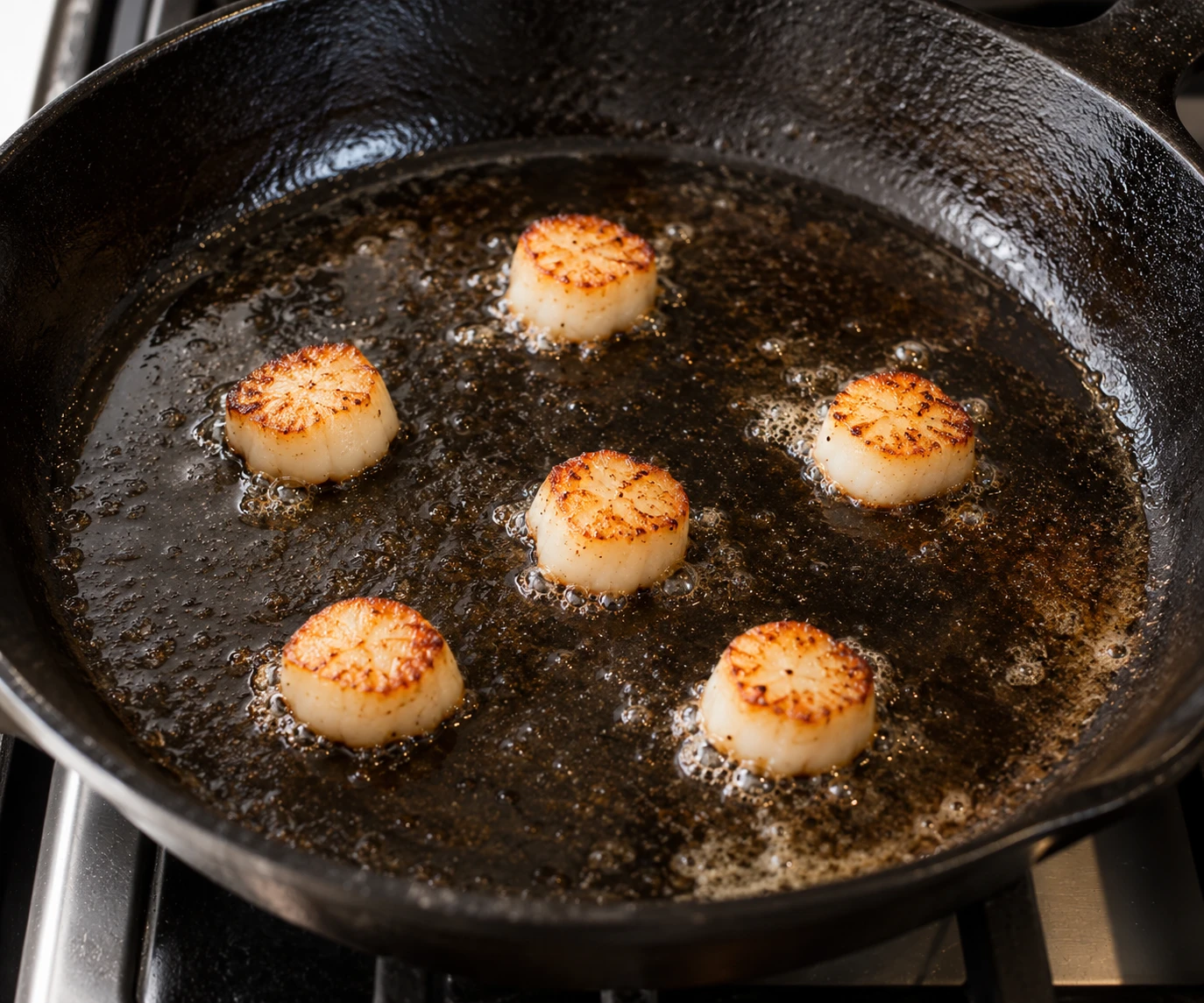 Small scallops sear with room between them in a hot skillet before turning.