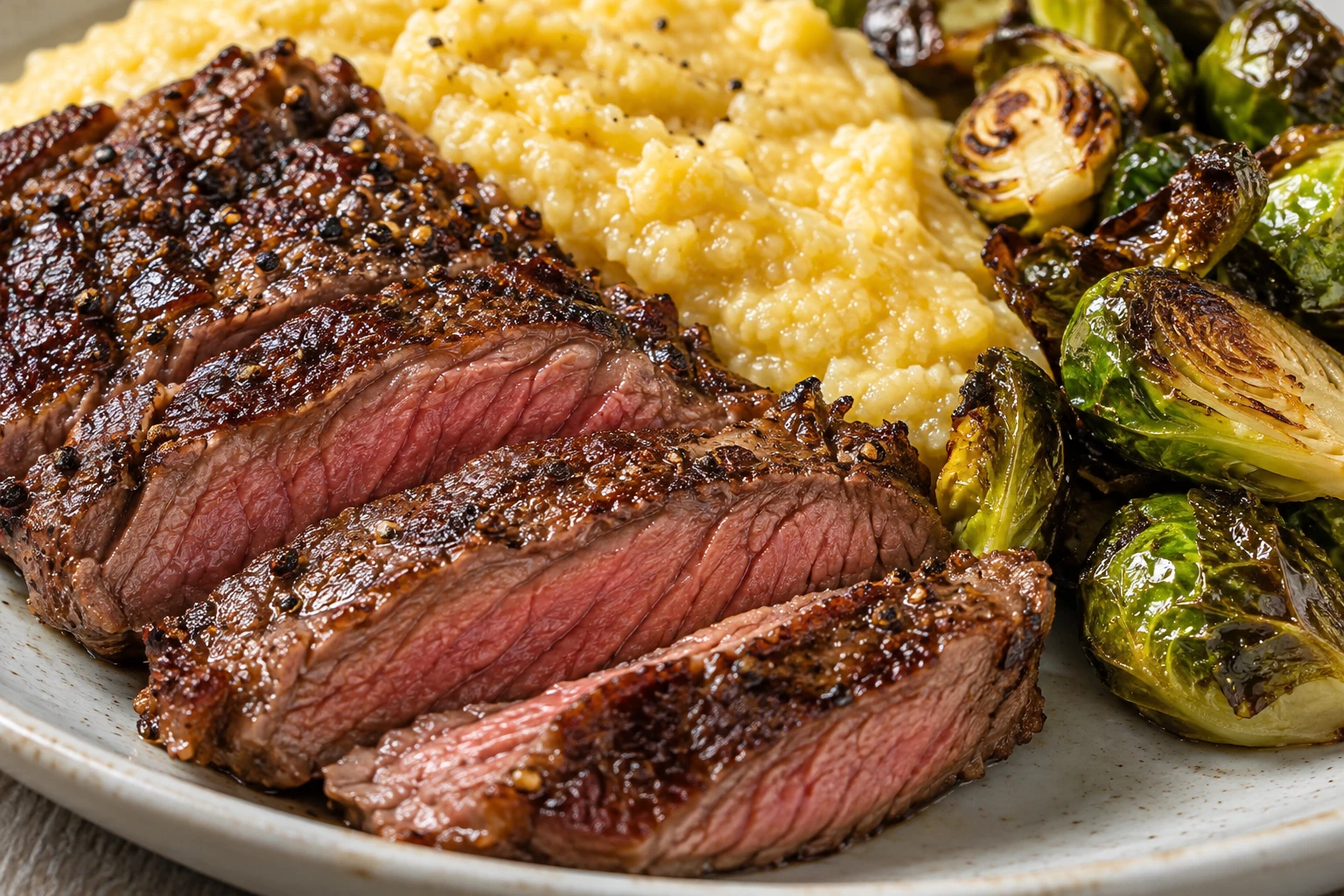 A browned steak crust, soft Parmesan polenta, and crisp Brussels sprout edges show the finished textures.