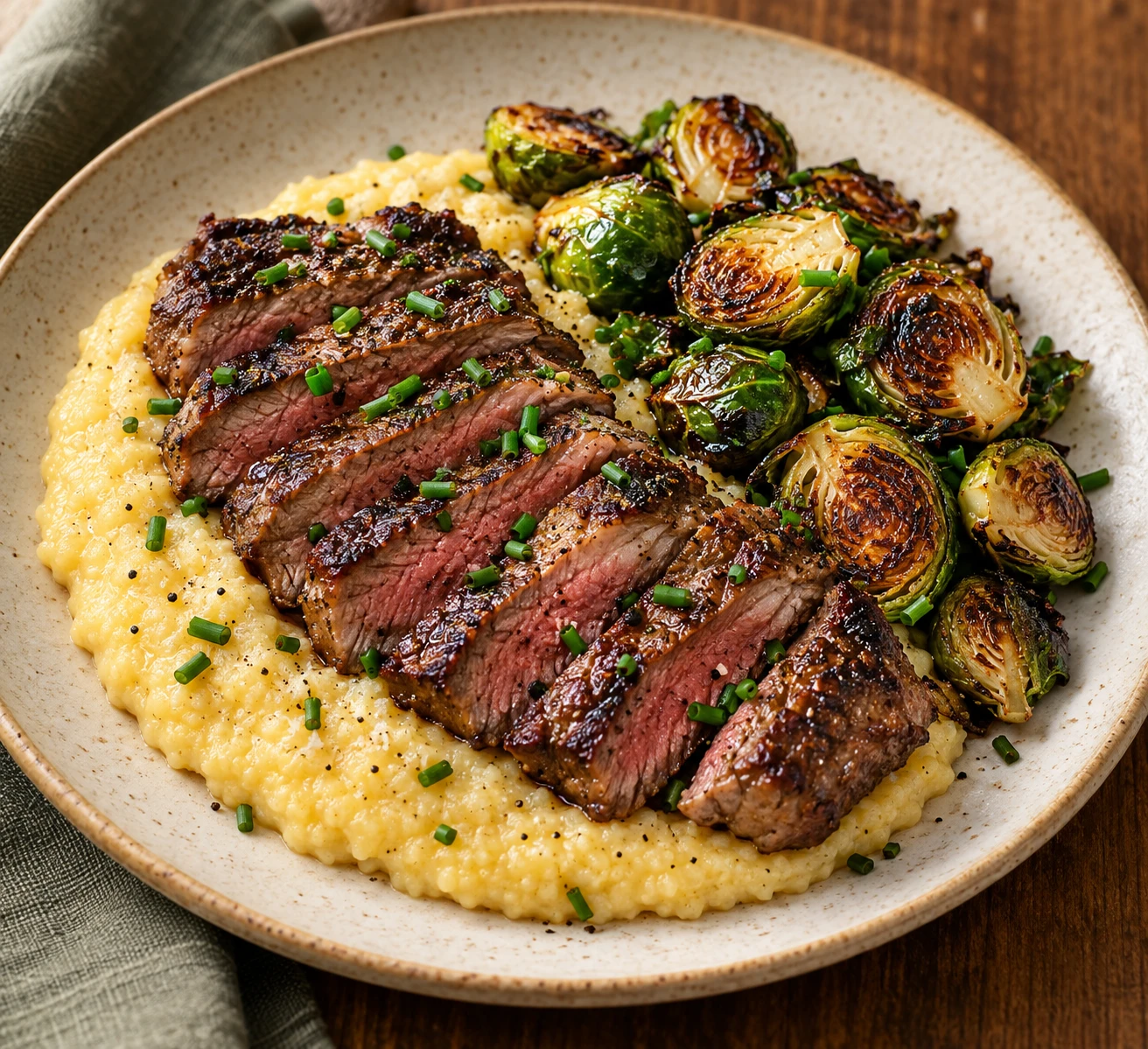 Seared sirloin rests over creamy Parmesan polenta beside browned Brussels sprouts.