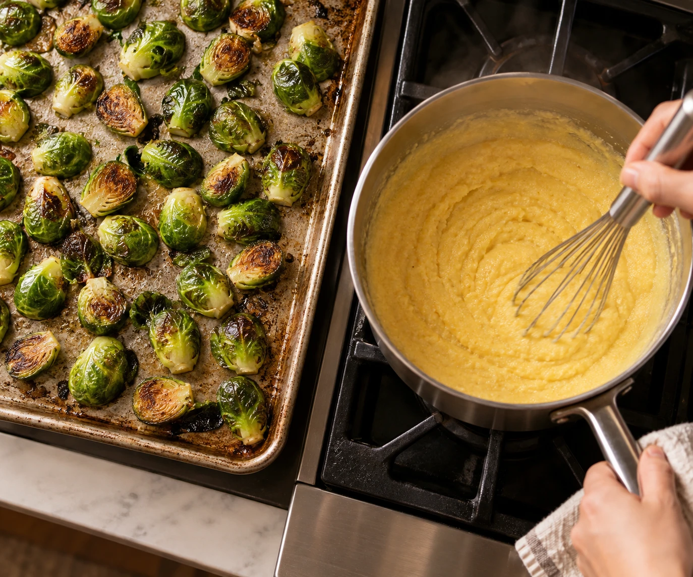 Brussels sprouts roast cut-side down as cornmeal is whisked into simmering stock.