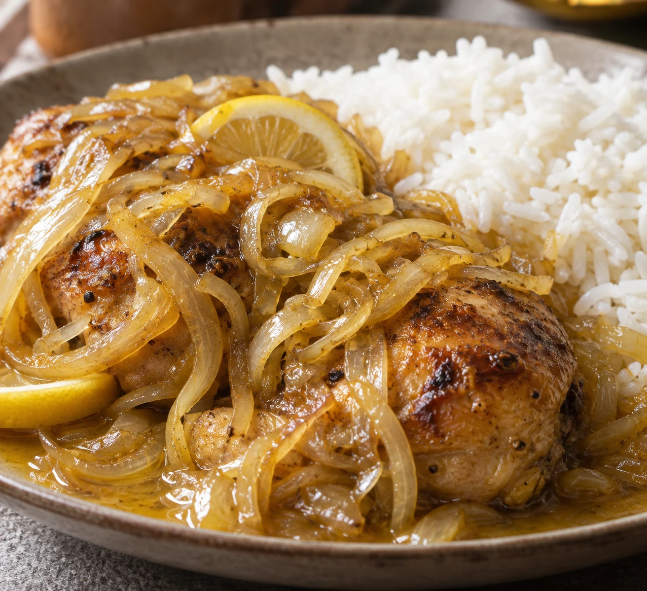 Tender browned chicken rests with distinct soft onion strands and lemon sauce over fluffy plain white rice.