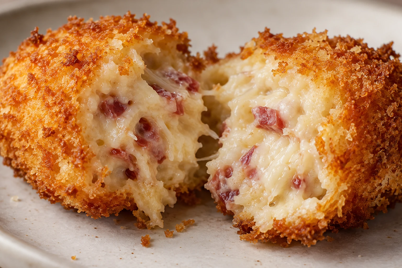 A crisp golden croquette shows creamy béchamel with ham and Manchego inside.