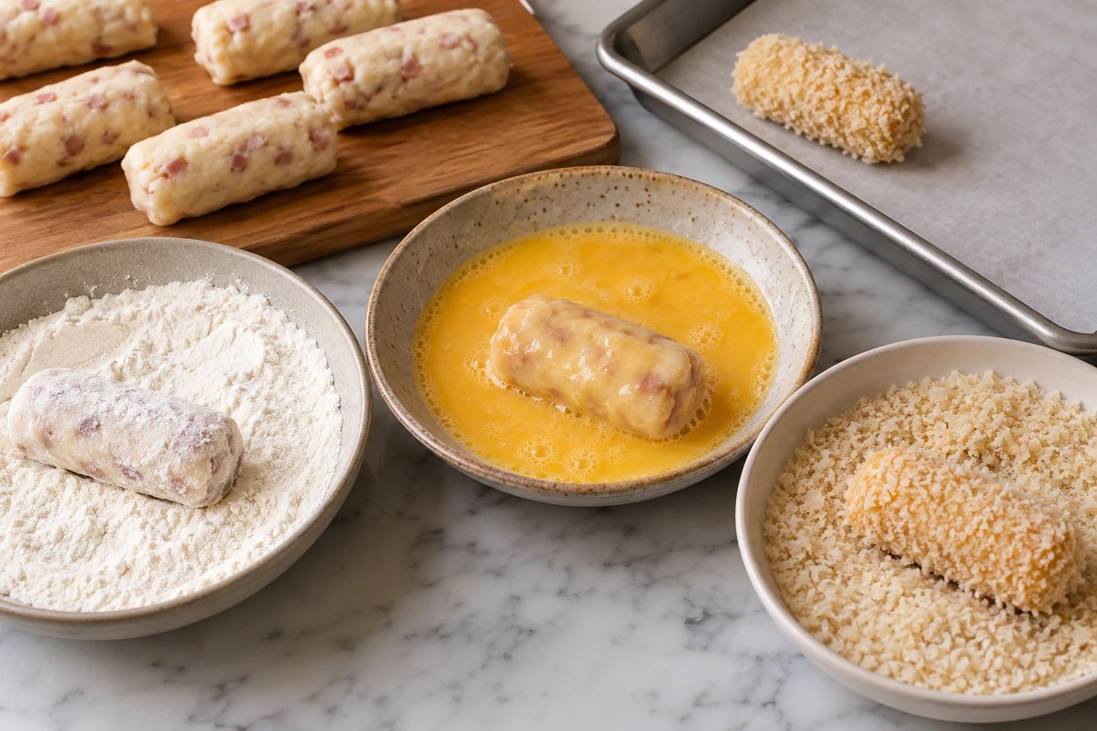 Short croquette logs are coated in flour, egg, and panko before chilling and frying.