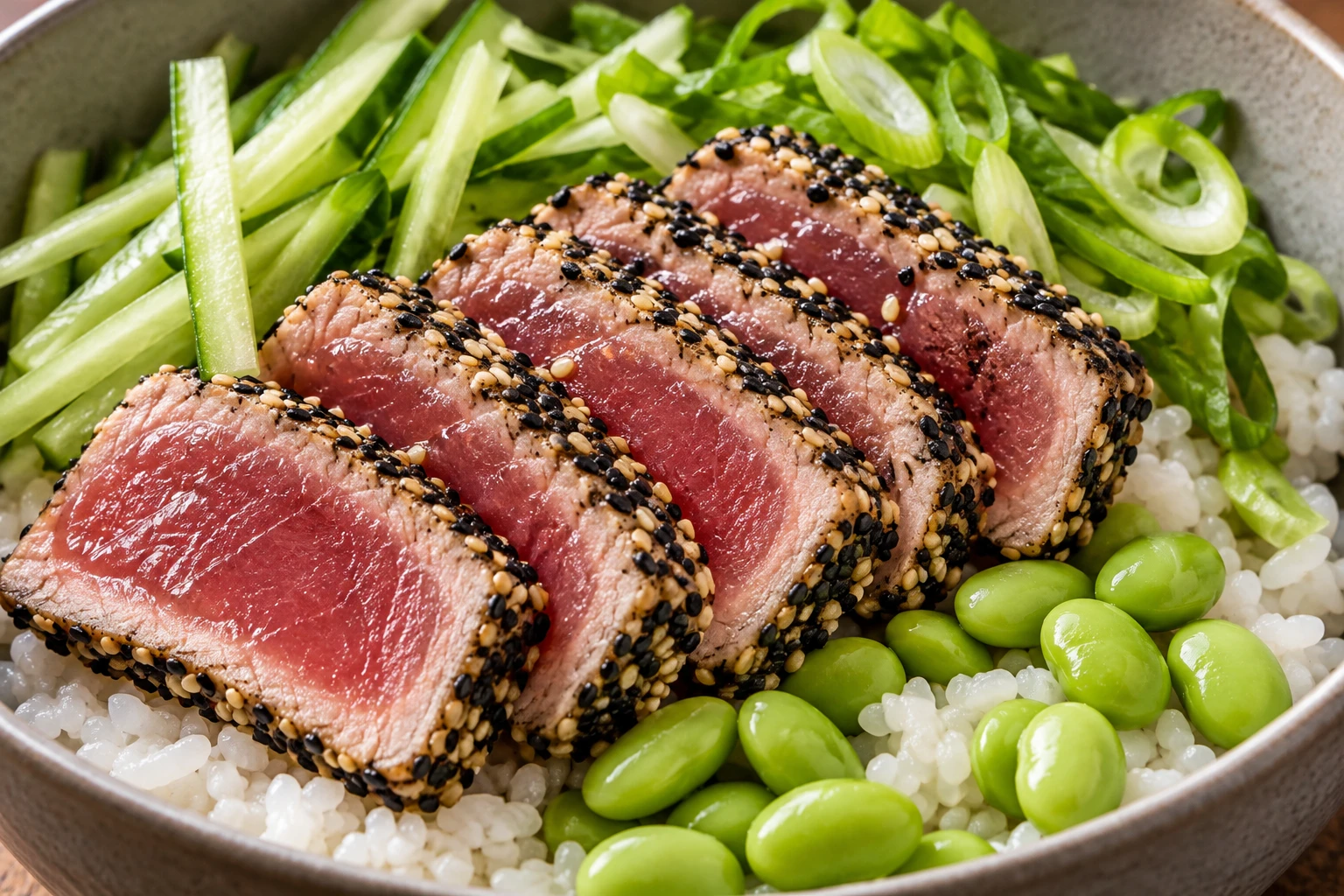 A close view shows the rosy tuna center, toasted sesame crust, and crisp cucumber.