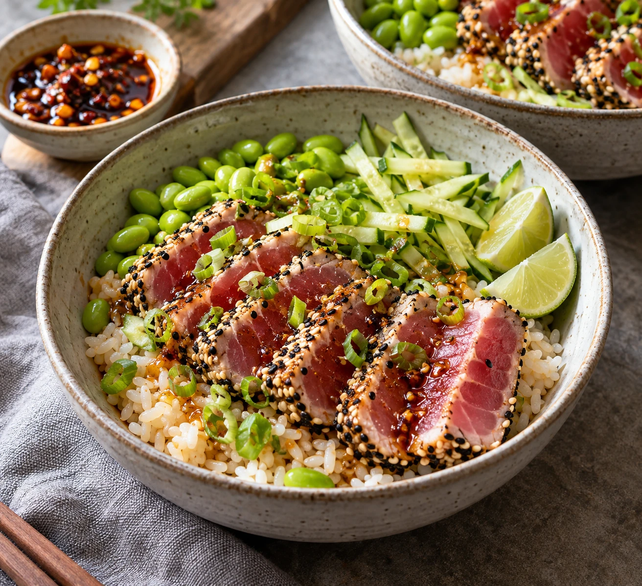 Sesame-crusted tuna slices sit over rice with edamame, cucumber, scallions, and lime.