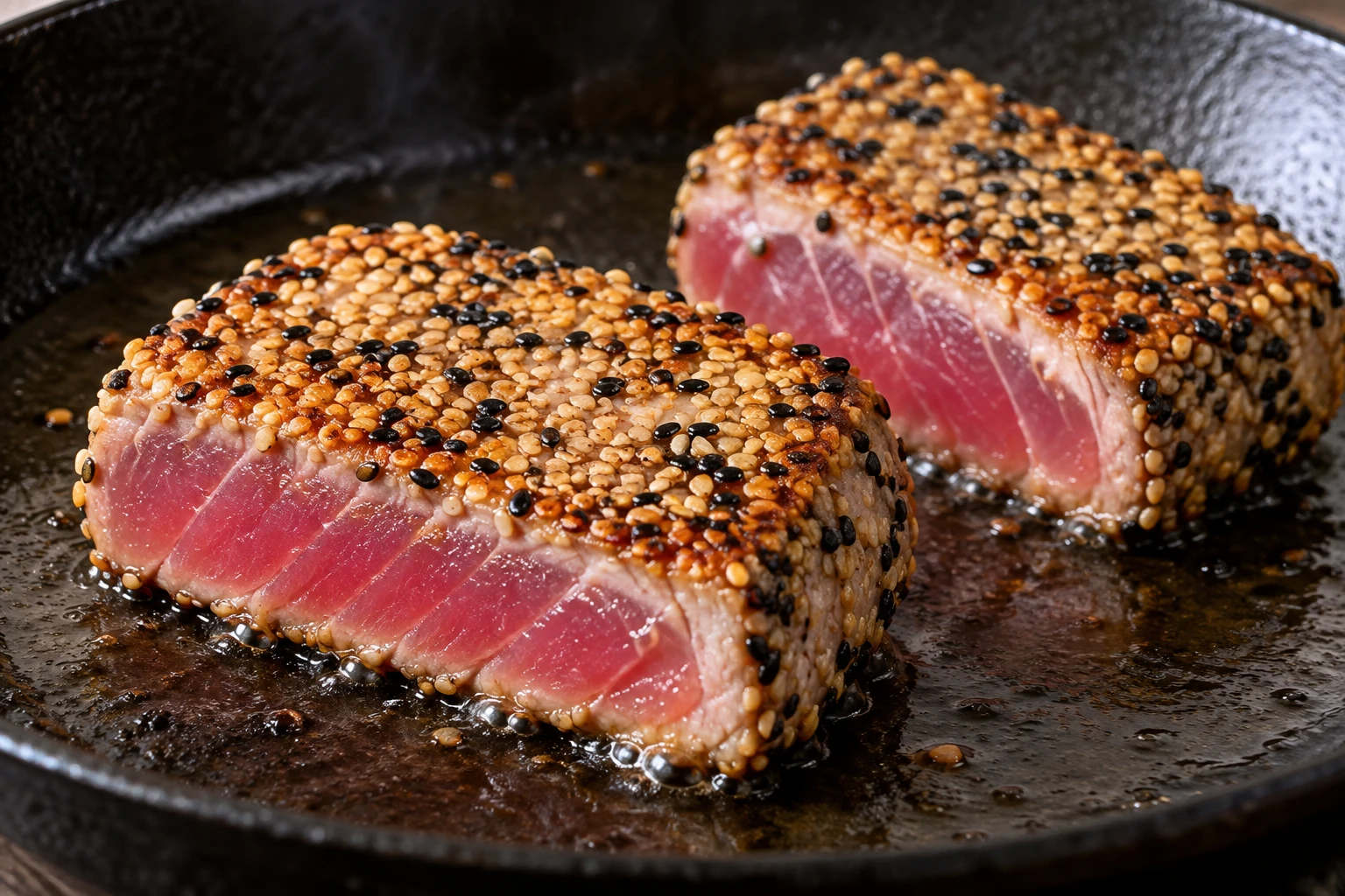 Sesame-coated ahi tuna sears in a skillet as its seed crust turns golden.