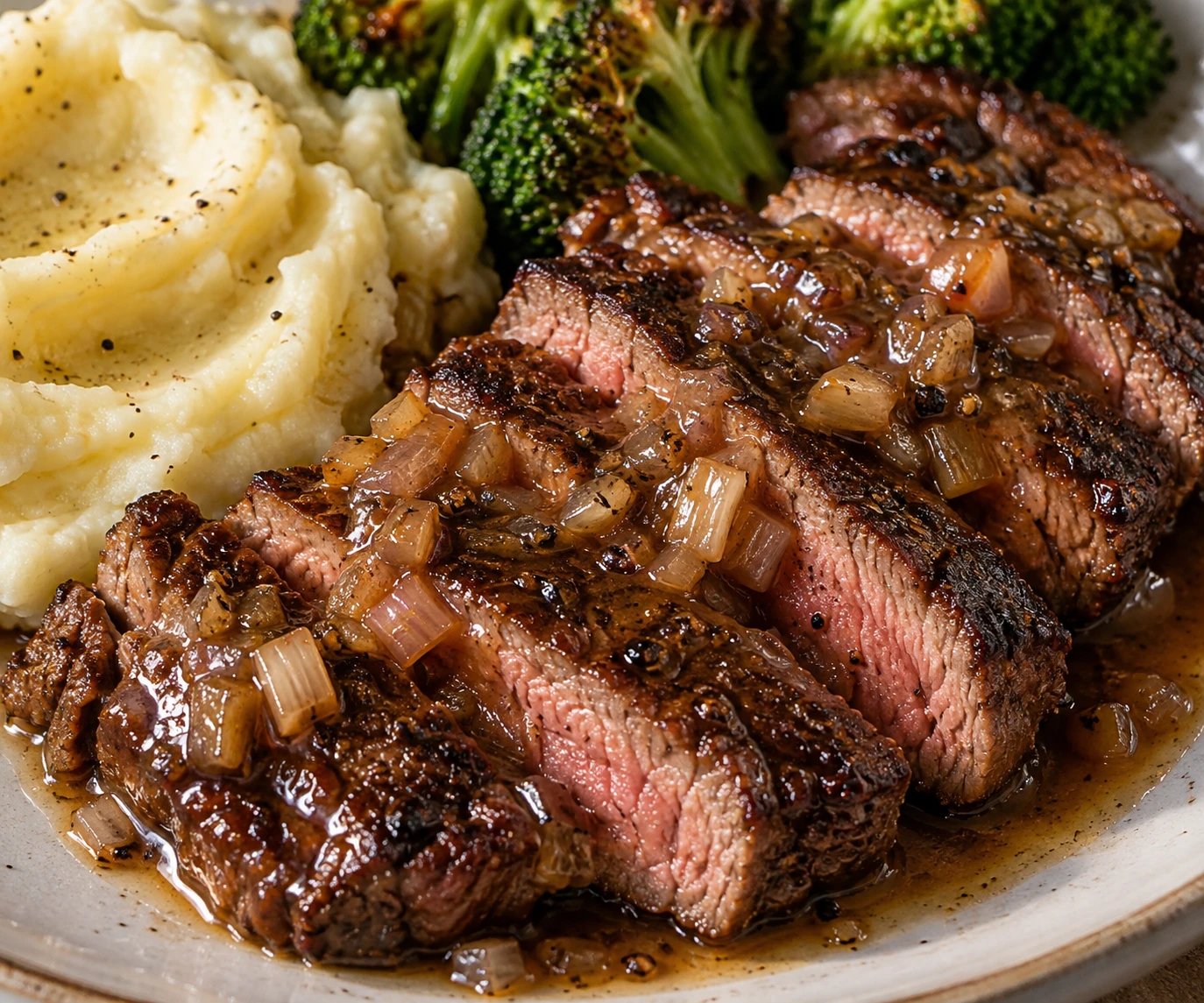 Glossy shallot sauce coats the sliced steak, with creamy potatoes and browned broccoli nearby.