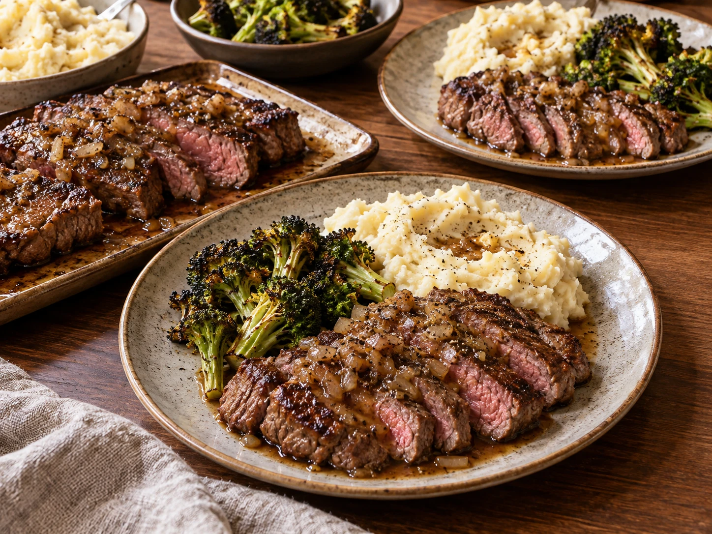 Seared strip steak with shallot sauce is served beside creamy mashed potatoes and browned broccoli.