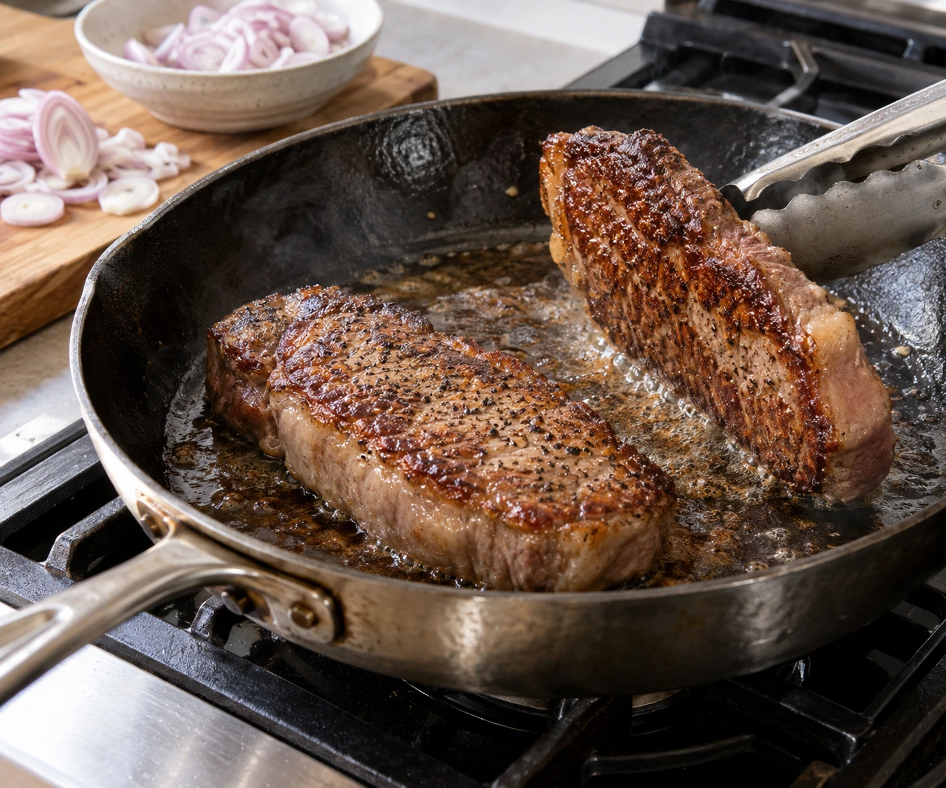 A strip steak browns in a heavy skillet before sliced shallots are added for the pan sauce.