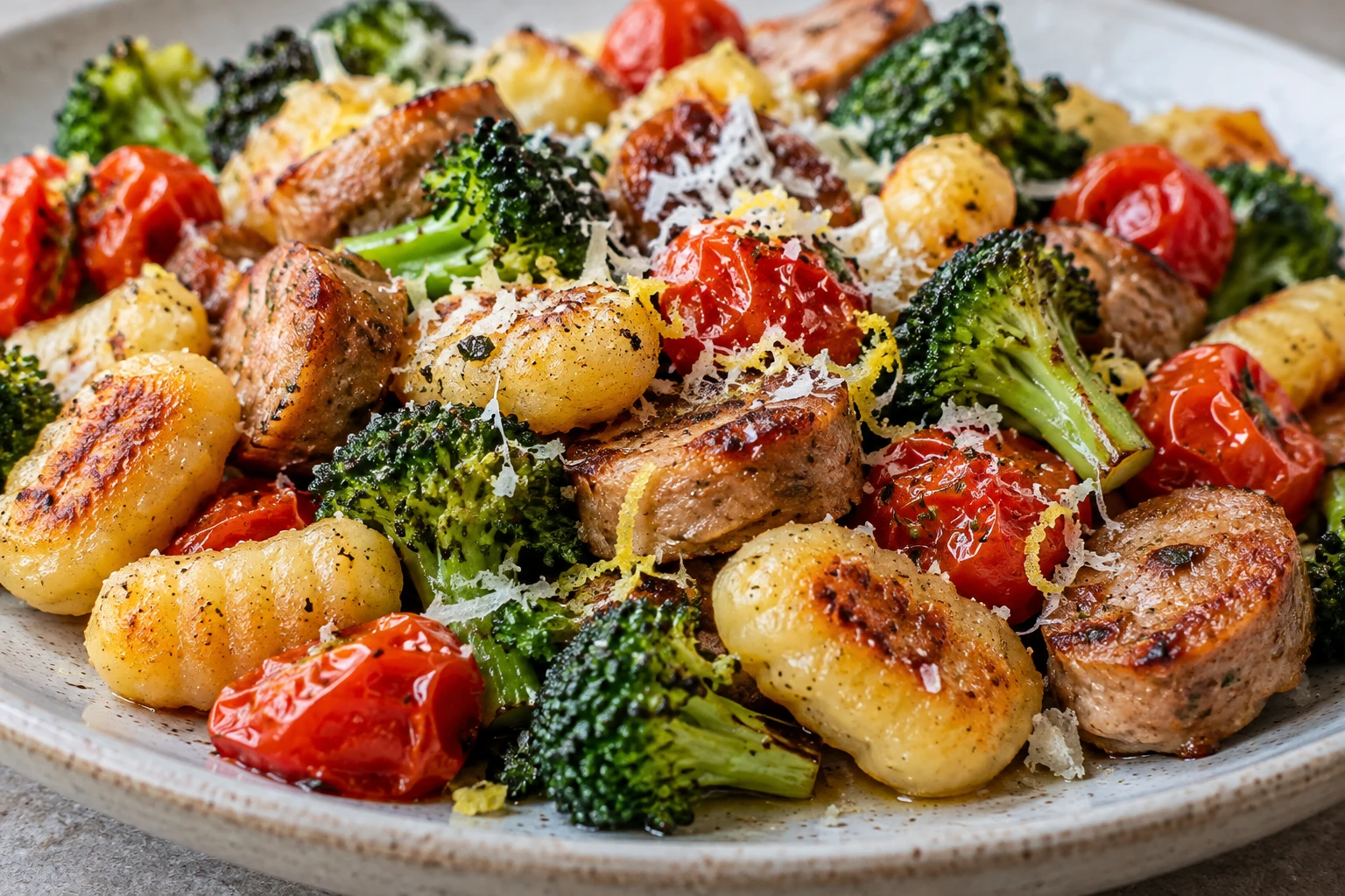 Crisp gnocchi edges and browned sausage sit beside broccoli and a burst tomato with Parmesan.