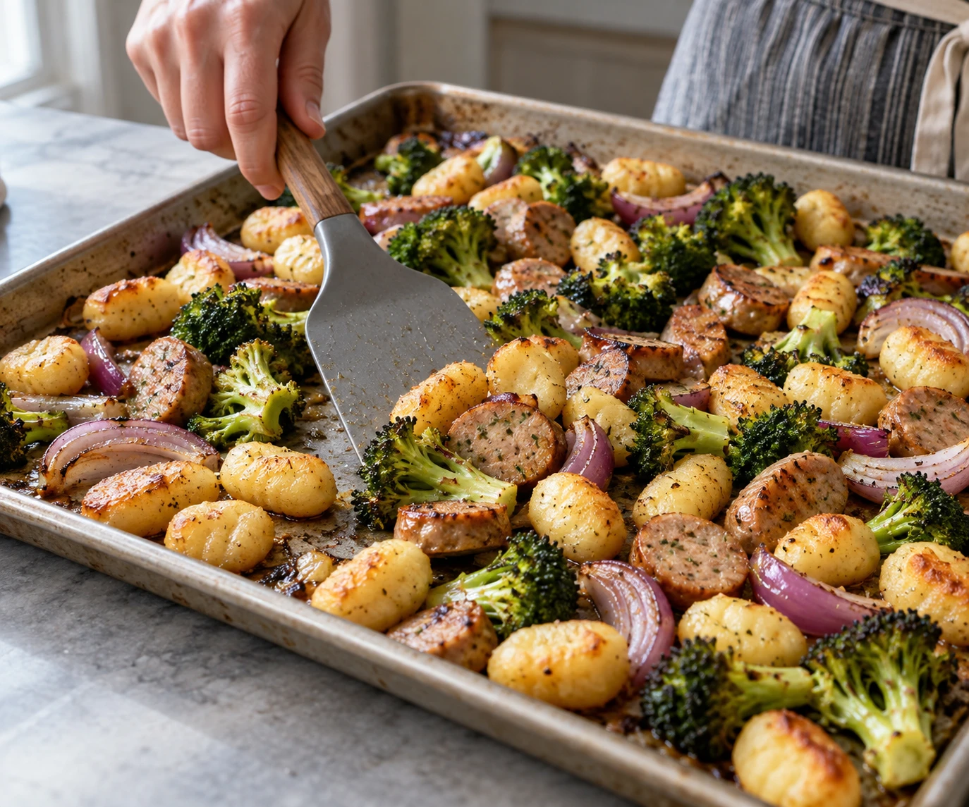 A wide spatula turns browned gnocchi, sausage, broccoli, and red onion on a sheet pan.