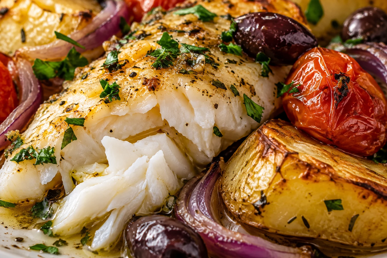 Flaky cod with browned potatoes, blistered tomato, olives, and parsley shows the finished sheet-pan texture.