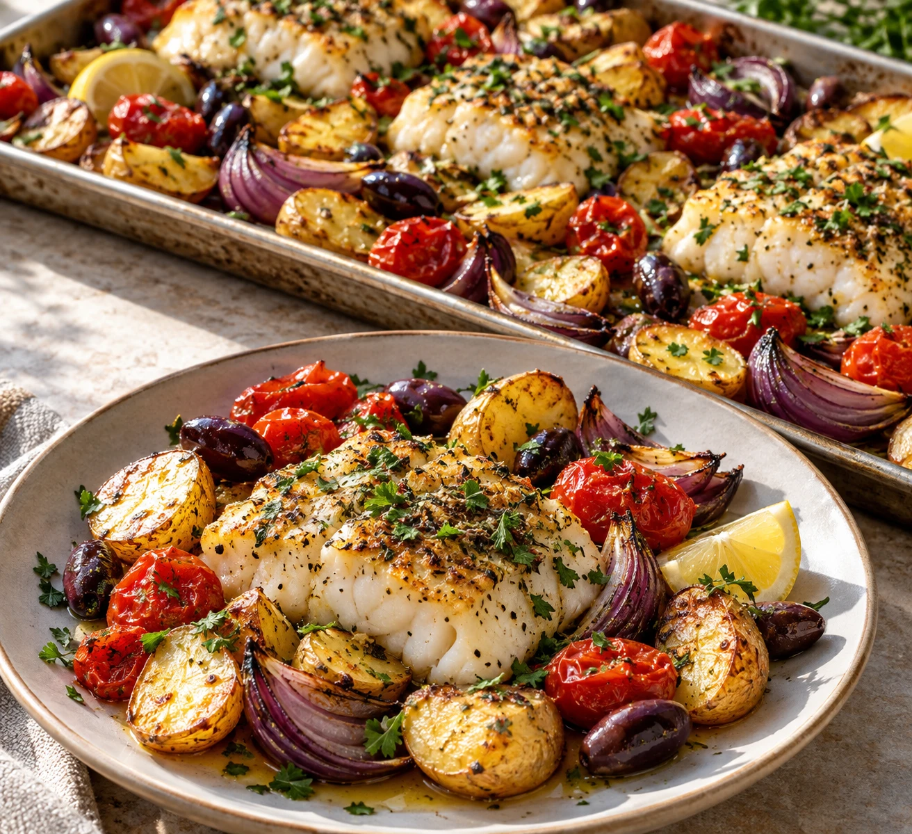 Roasted cod portions share a sheet pan with golden potatoes, tomatoes, red onion, Kalamata olives, and parsley.