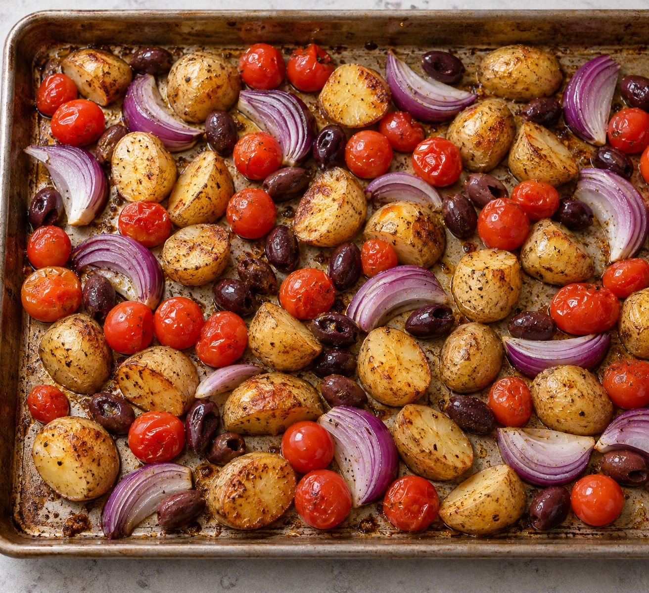 Roasted potatoes and Mediterranean vegetables sit in open spaces on a sheet pan before the cod is added.