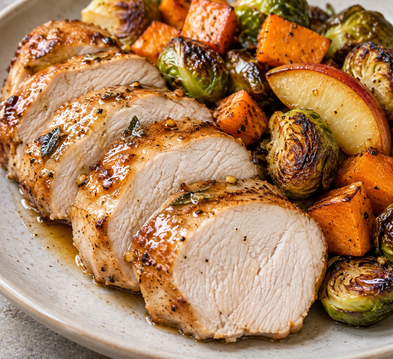 A close view of glazed turkey slices beside browned Brussels sprouts and sweet potato with tender apples.