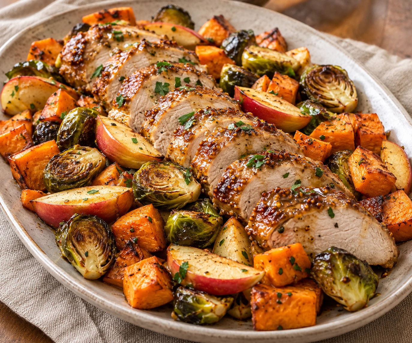Sliced turkey tenderloin with browned Brussels sprouts, sweet potatoes, and apple wedges on a serving platter.
