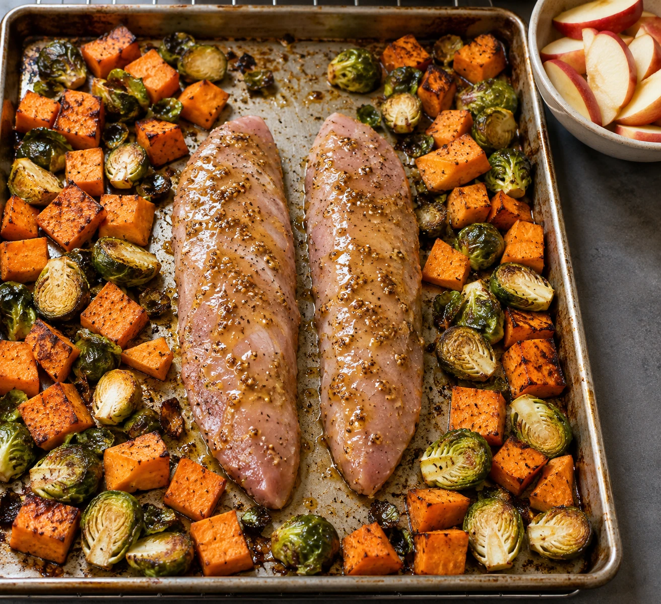 Glazed turkey tenderloins sit between partly roasted sweet potatoes and Brussels sprouts on a sheet pan.
